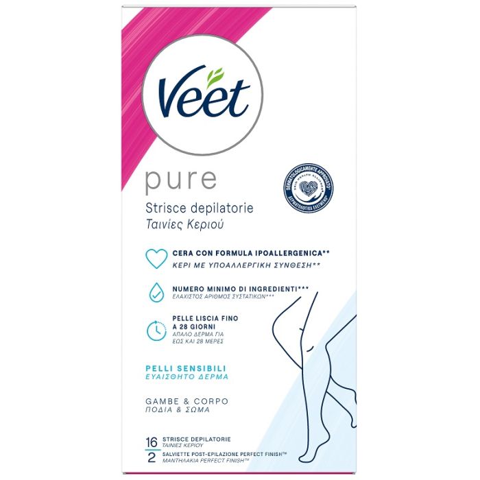 VEET PURE STRISCE DEPILATORIE GAMBE & CORPO PELLI SENSIBILI 16pz