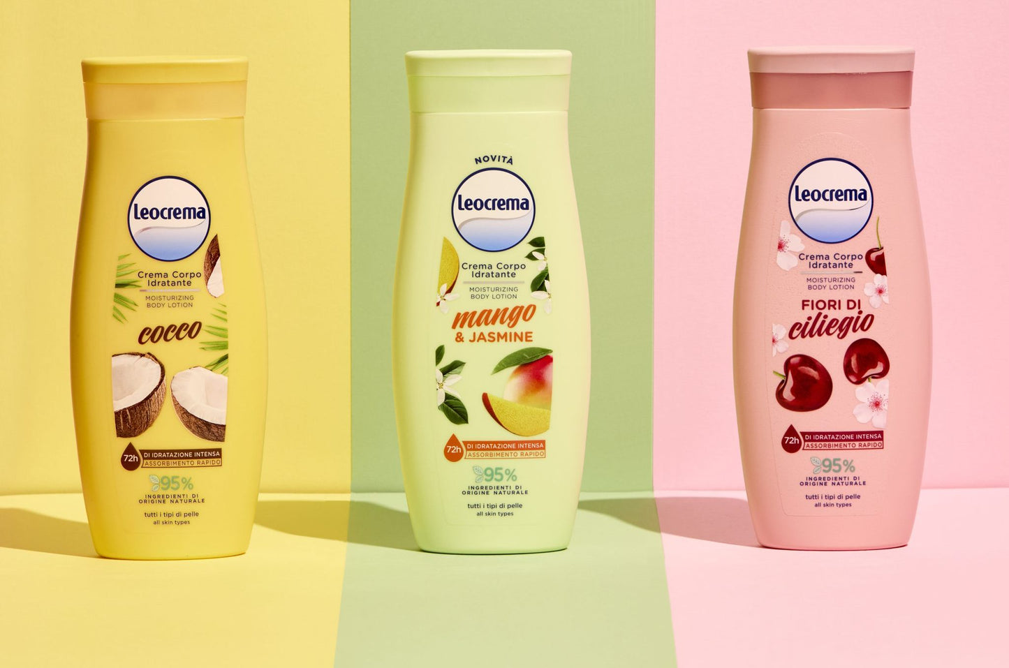 KIT 3 PEZZI LEOCREMA CREMA CORPO IDRATANTE 250ml COCCO MANGO CILIEGIO