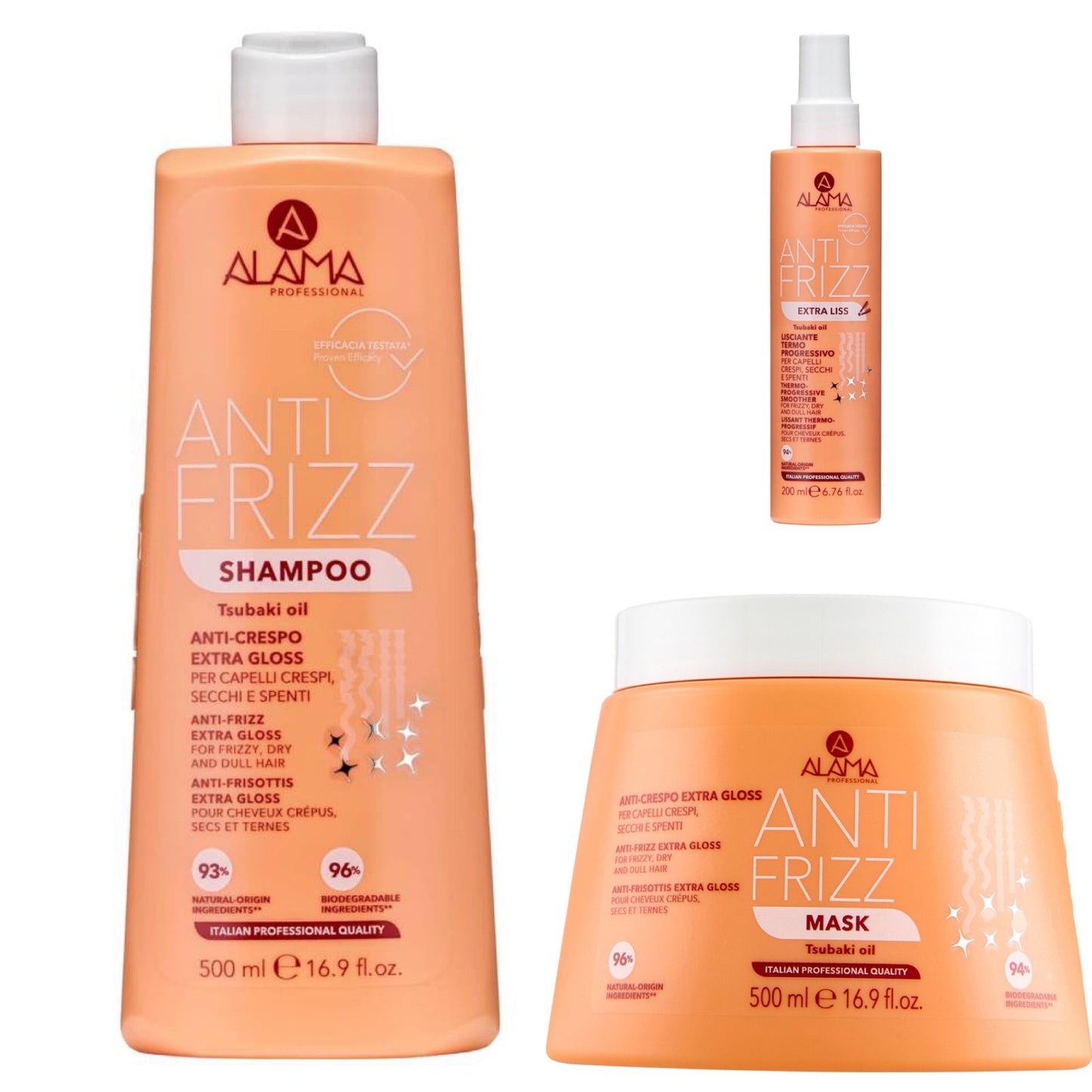KIT 3pezzi ALAMA PROFESSIONAL ANTI FRIZZ SHAMPOO+MASK+LISS SPRAY